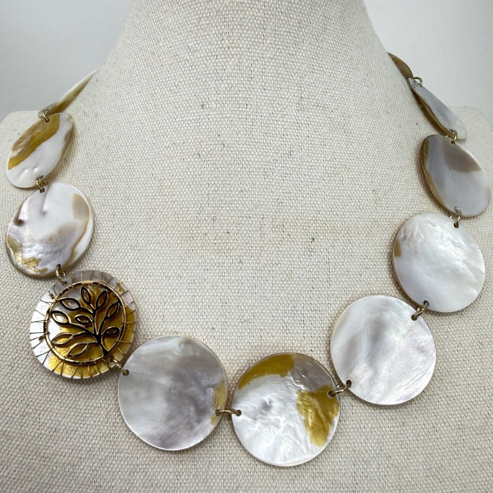 Carolee Mother of Pearl Tree of Life Statement Necklace Gold Tone Shell Discs